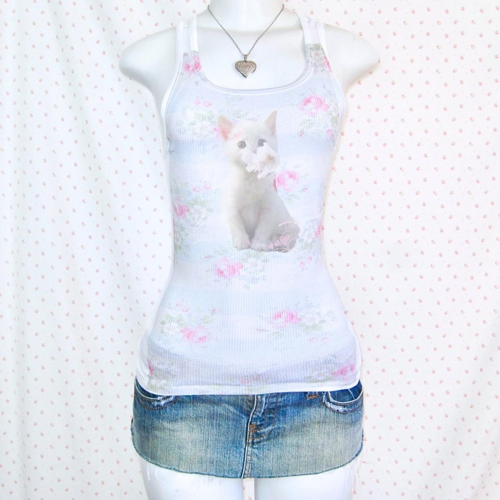y2k kitten floral graphic ribbed tank top